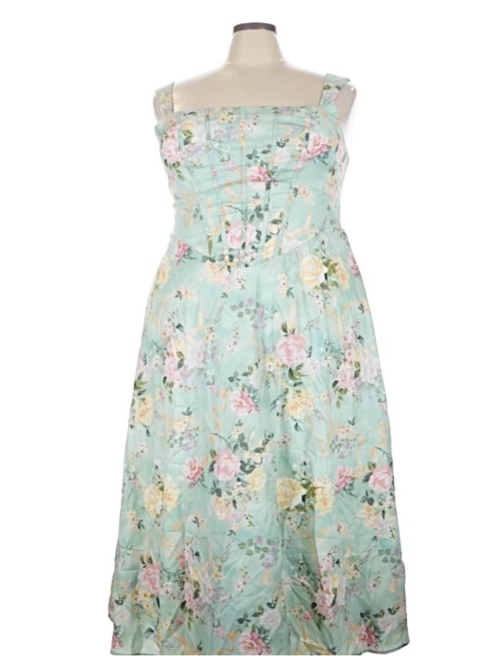 Floral Mint Green Square-Neck Midi Dress